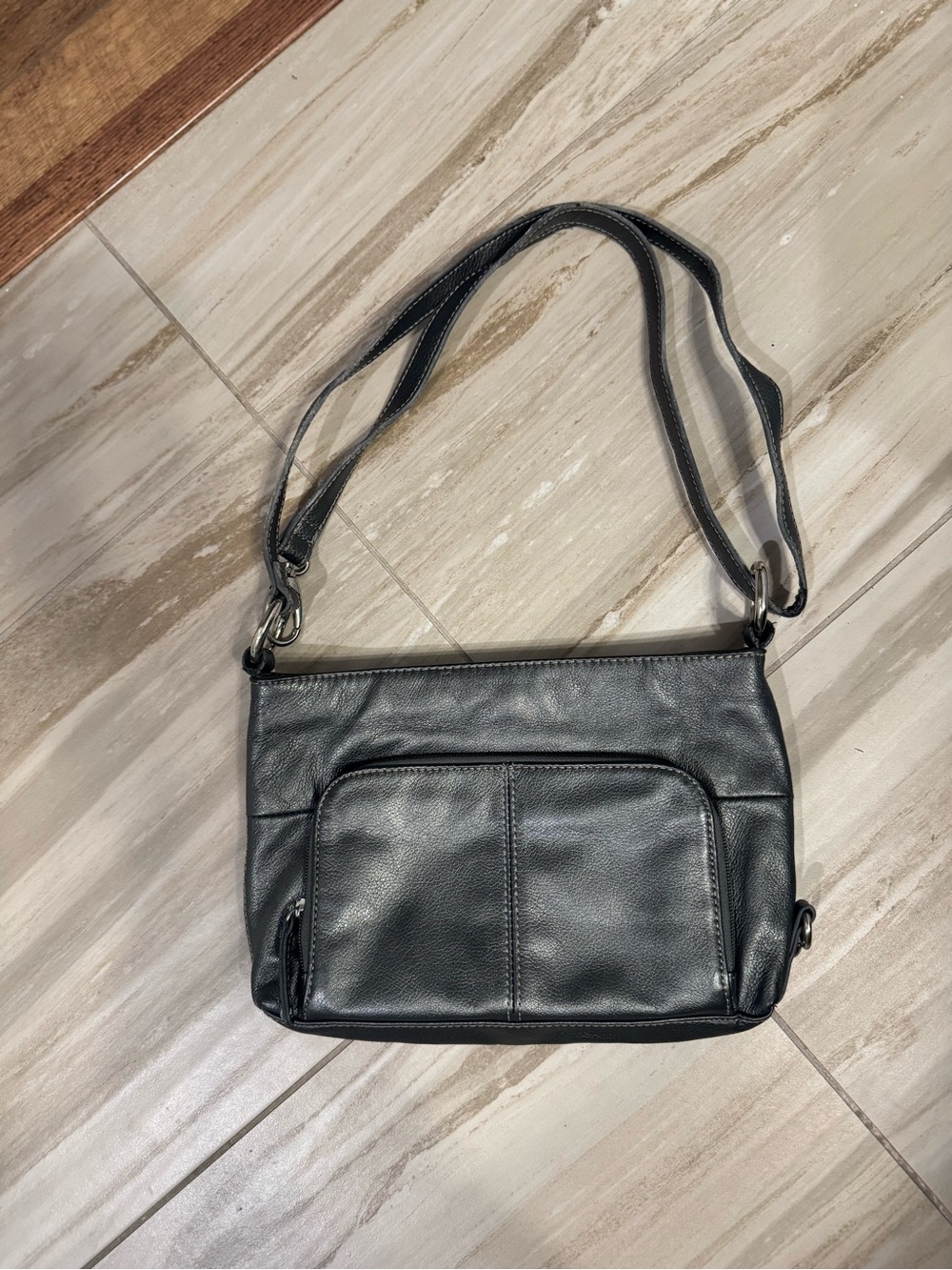 Tignanello Charcoal Gray Leather Shoulder Bag with Front Pocket